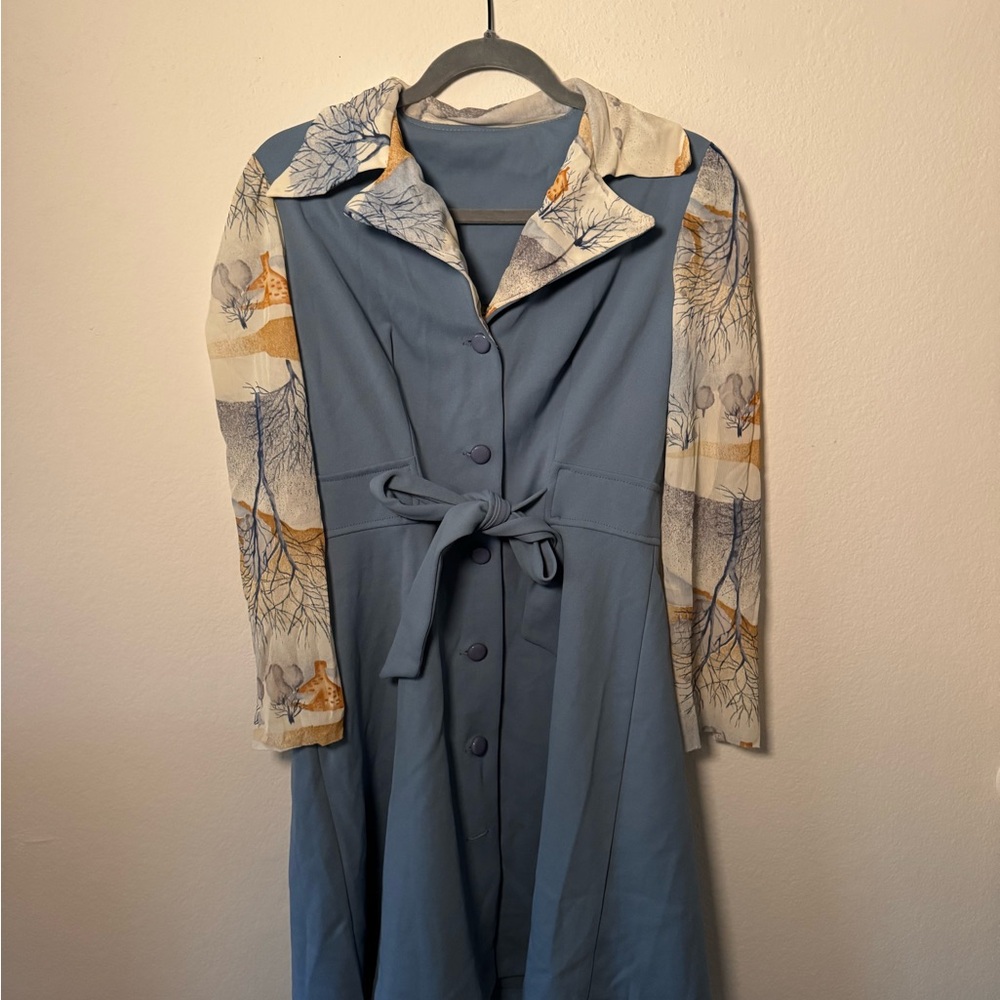 1970s Blue Dress with Artistic Winter Sleeves